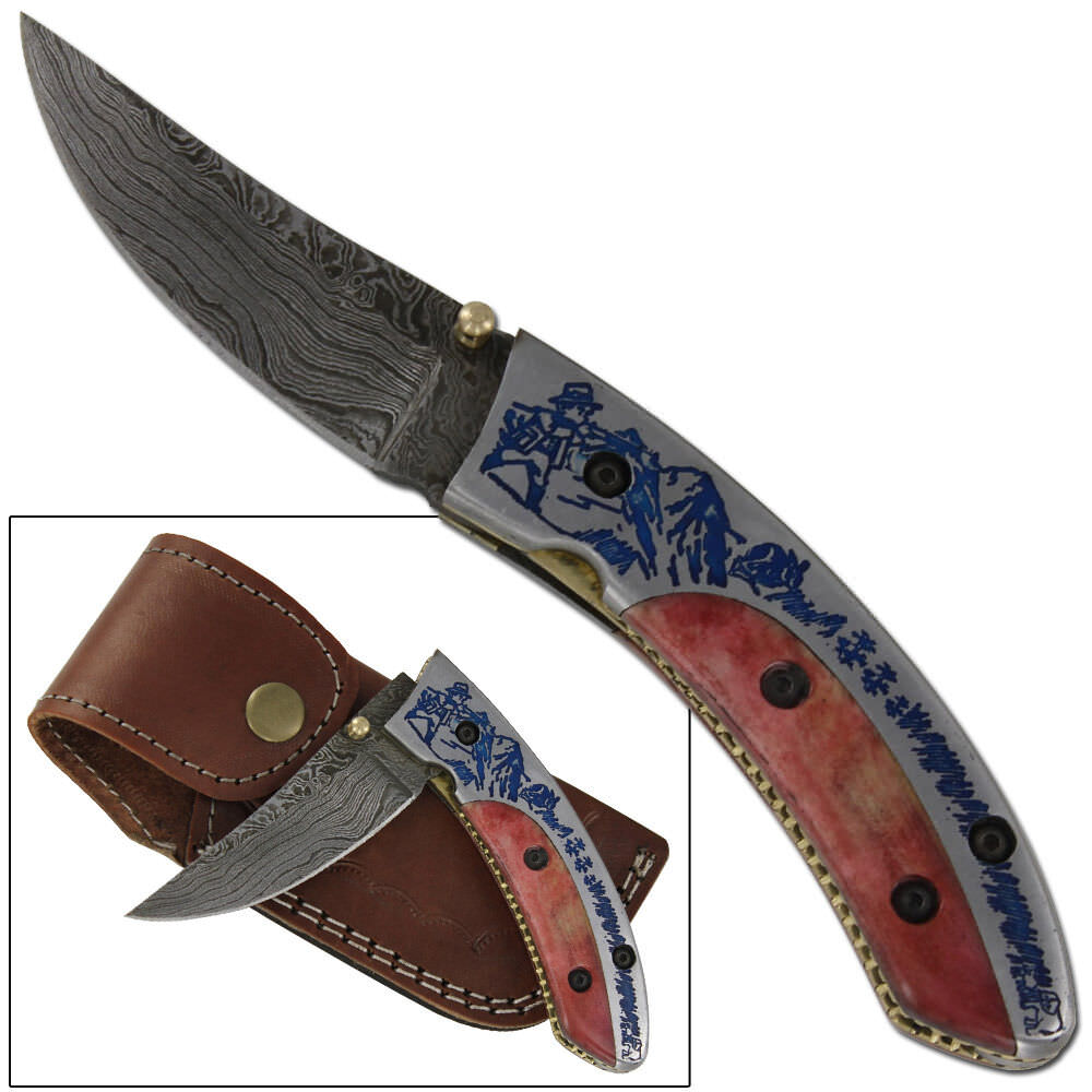 Damascus Steel Mountain View Bone Folding Outdoor Pocket Knife Leather Sheath - TOPHATTER'S ARMORY DEALS Collectible Weapons - Tophatter Daily Deals