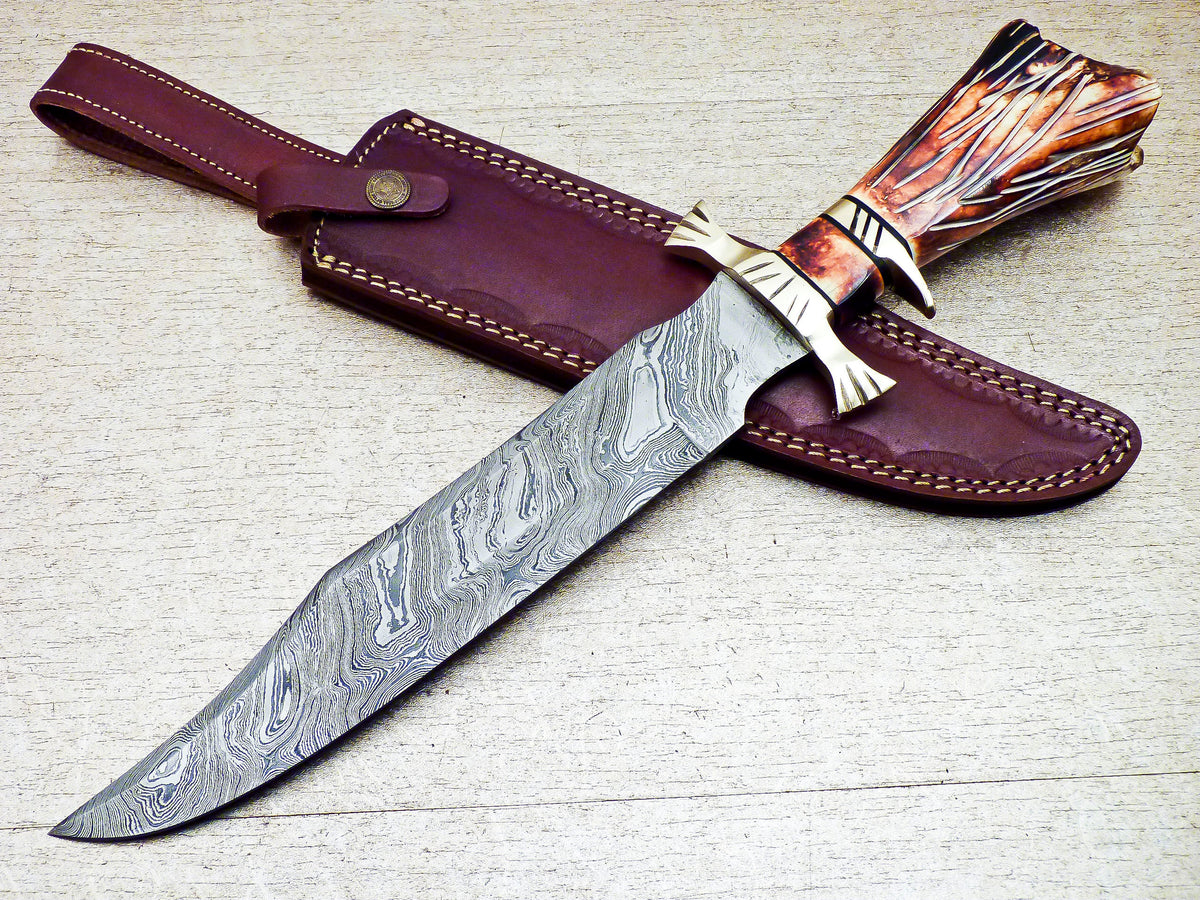 Damascus Steel Custom Handmade Hunting Bowie Knife 13" - Tophatter's Inc. Weapons Store Online Collectible Weapons - Tophatter Daily Deals