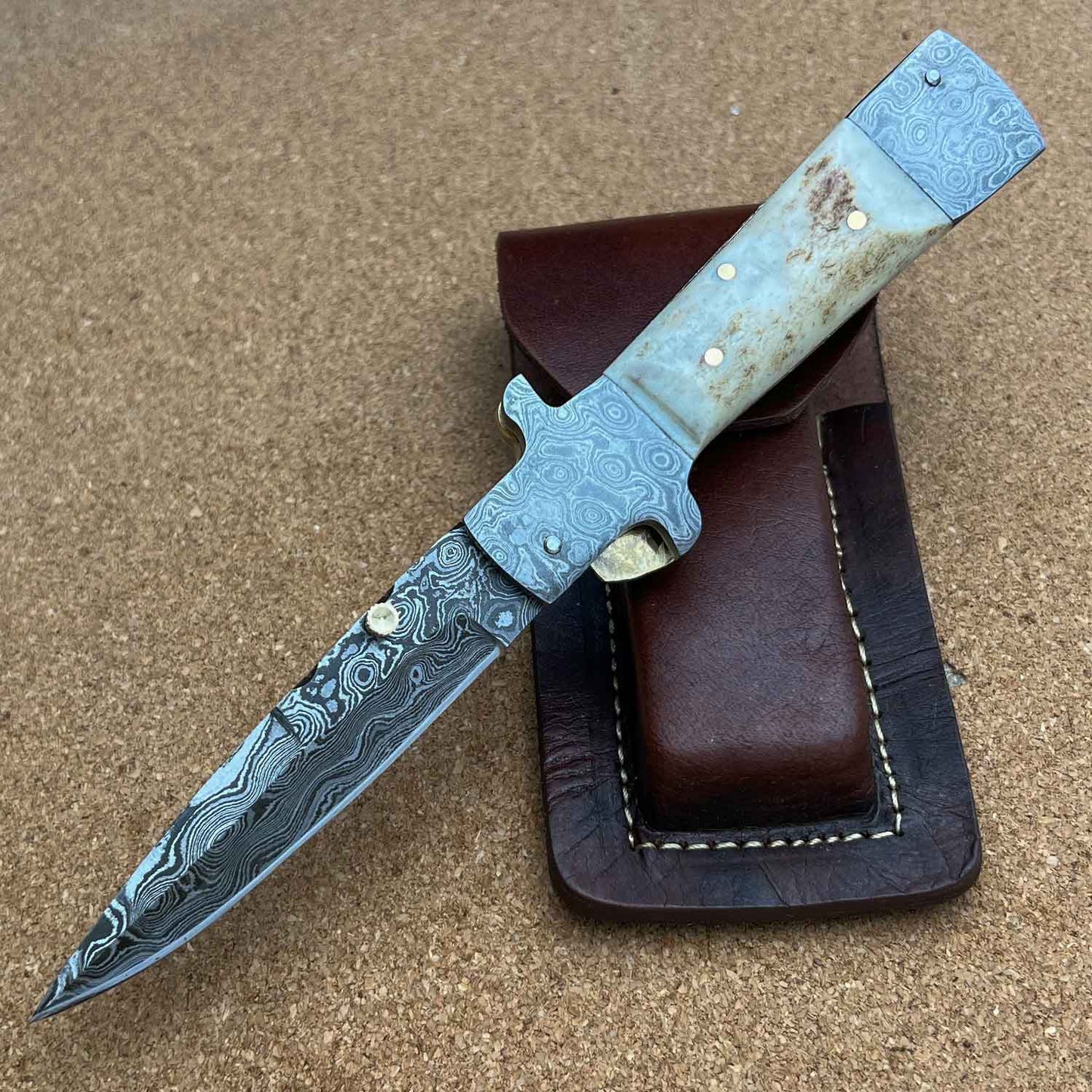 8.25" Damascus Steel Custom Handmade Folding Pocket Knife Stag Handle - TOPHATTER'S ARMORY DEALS Collectible Weapons - Tophatter Daily Deals