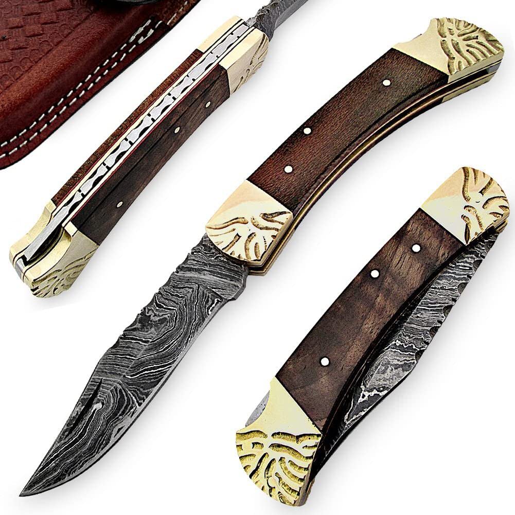 Damascus Steel Wooden Lockback Folding Knife With Sheath - TOPHATTER'S ARMORY DEALS Collectible Weapons - Tophatter Daily Deals