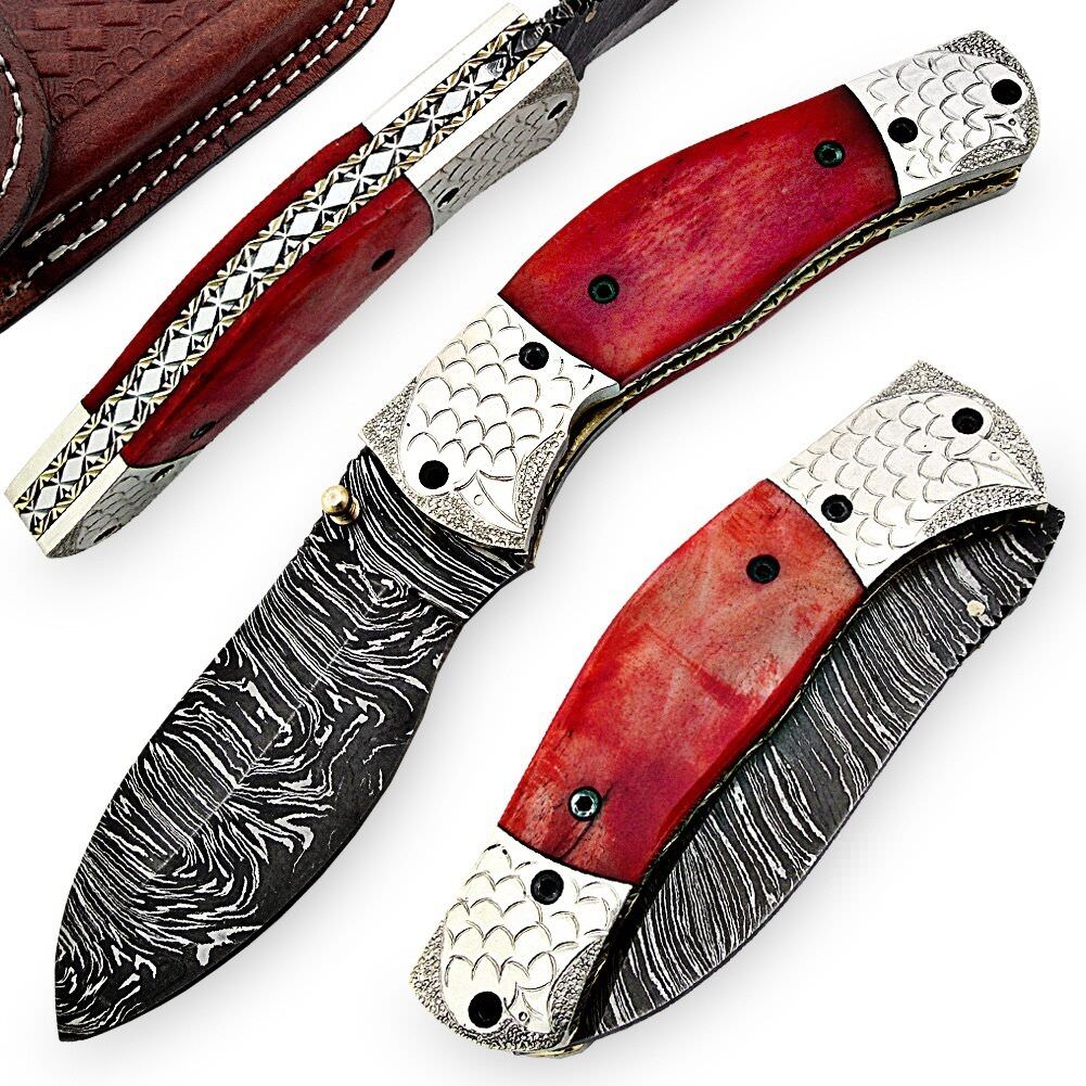 Handcrafted Red Dawn Damascus Folding Pocket Knife - TOPHATTER'S ARMORY DEALS Collectible Weapons - Tophatter Daily Deals