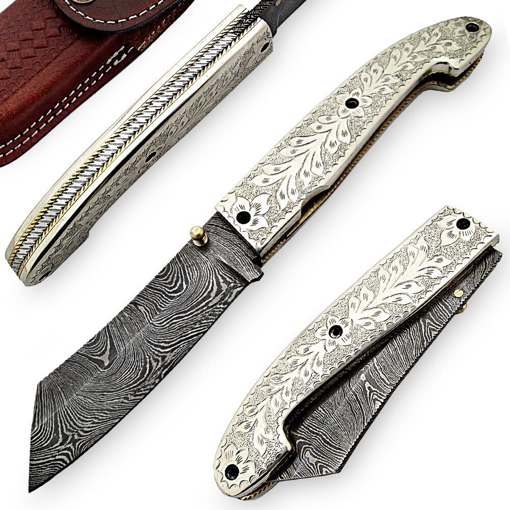 Outdoor Damascus Steel Silver Lotus Manual Pocket Knife - TOPHATTER'S ARMORY DEALS Collectible Weapons - Tophatter Daily Deals