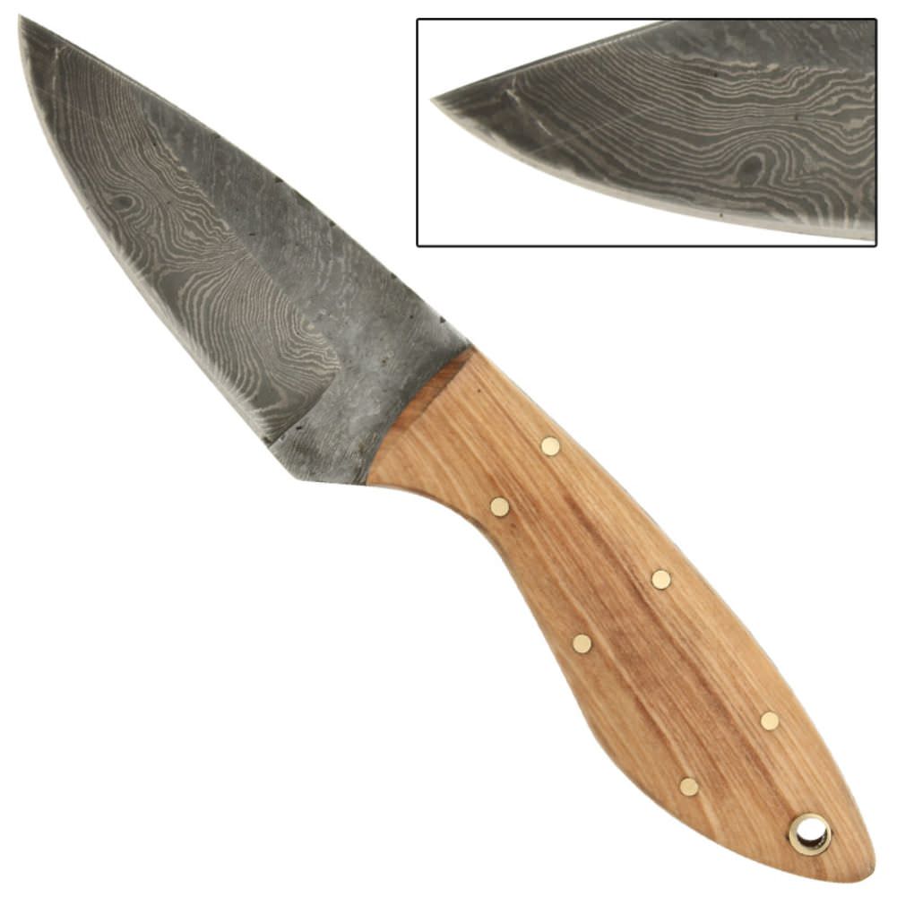 Full Tang Olive Wood Short Skinner Damascus Knife - TOPHATTER'S ARMORY DEALS Collectible Weapons - Tophatter Daily Deals
