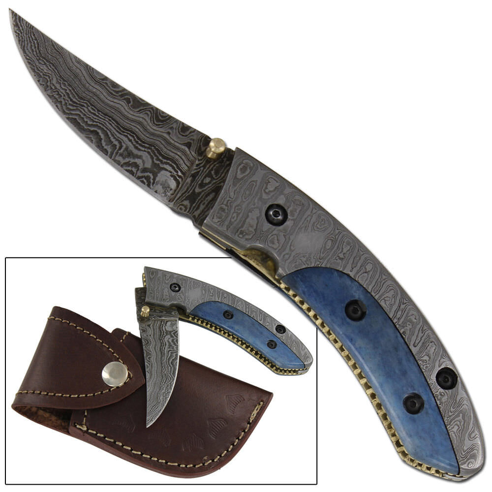 Maya Blue Dromedary Bone Damascus Steel Pocket Folding Knife - TOPHATTER'S ARMORY DEALS Collectible Weapons - Tophatter Daily Deals