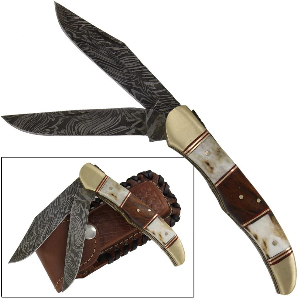 Double Blade Guild Stag Damascus Steel Pocket Knife - Tophatter's Guns'N'Weapons Store Collectible Weapons - Tophatter Daily Deals