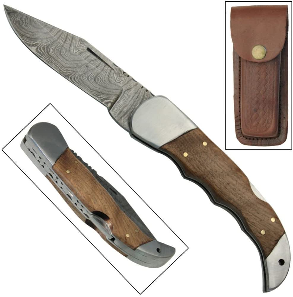 Damascus Lock Blade Pocket Knife 3.75" Blade With Leather Sheath - TOPHATTER'S ARMORY DEALS Collectible Weapons - Tophatter Daily Deals