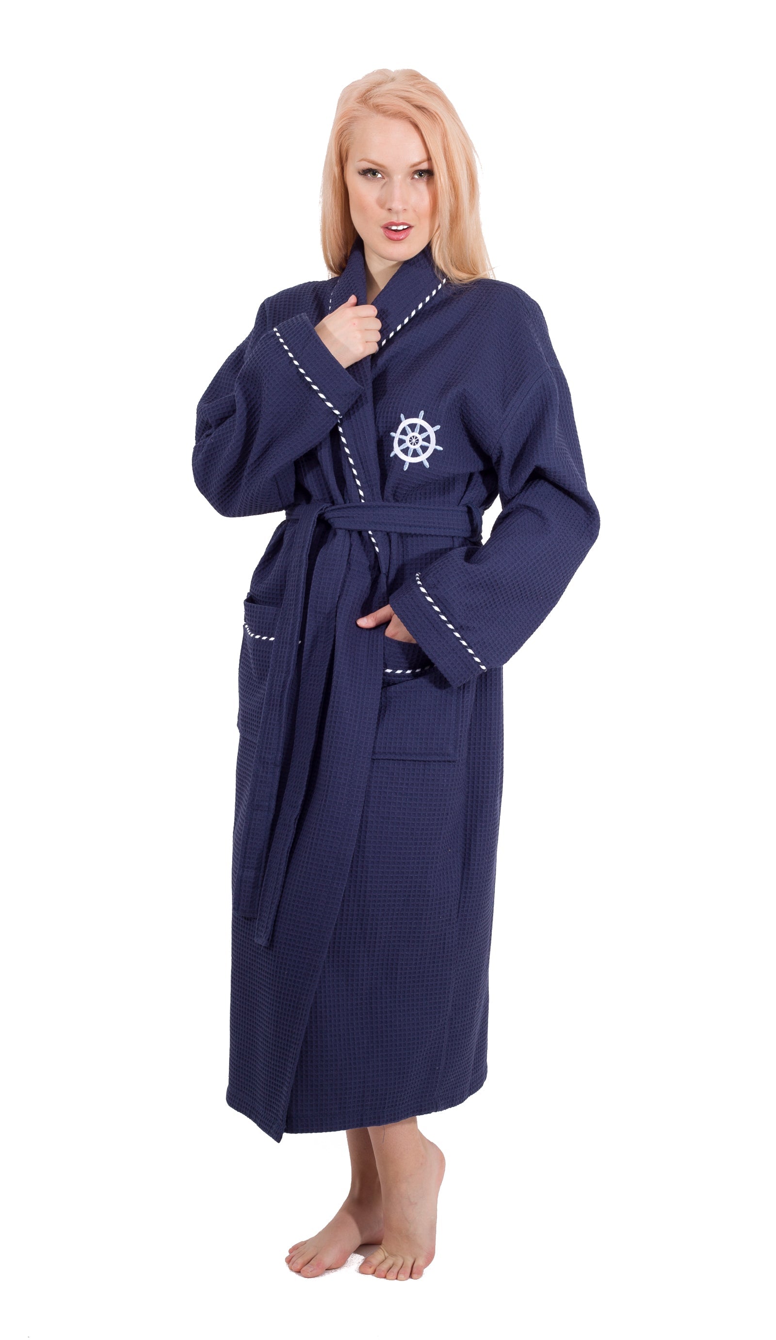 Classic Turkish Cotton Nautical Sailor Waffle Unisex Bathrobes Robes - Tophatter Daily Deals