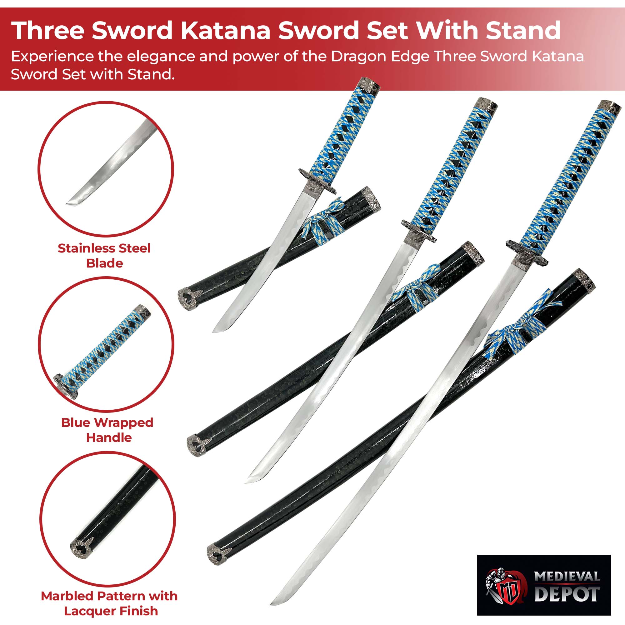 Dragon Edge Three Sword Katana Sword Set With Stand Swords - Tophatter Daily Deals