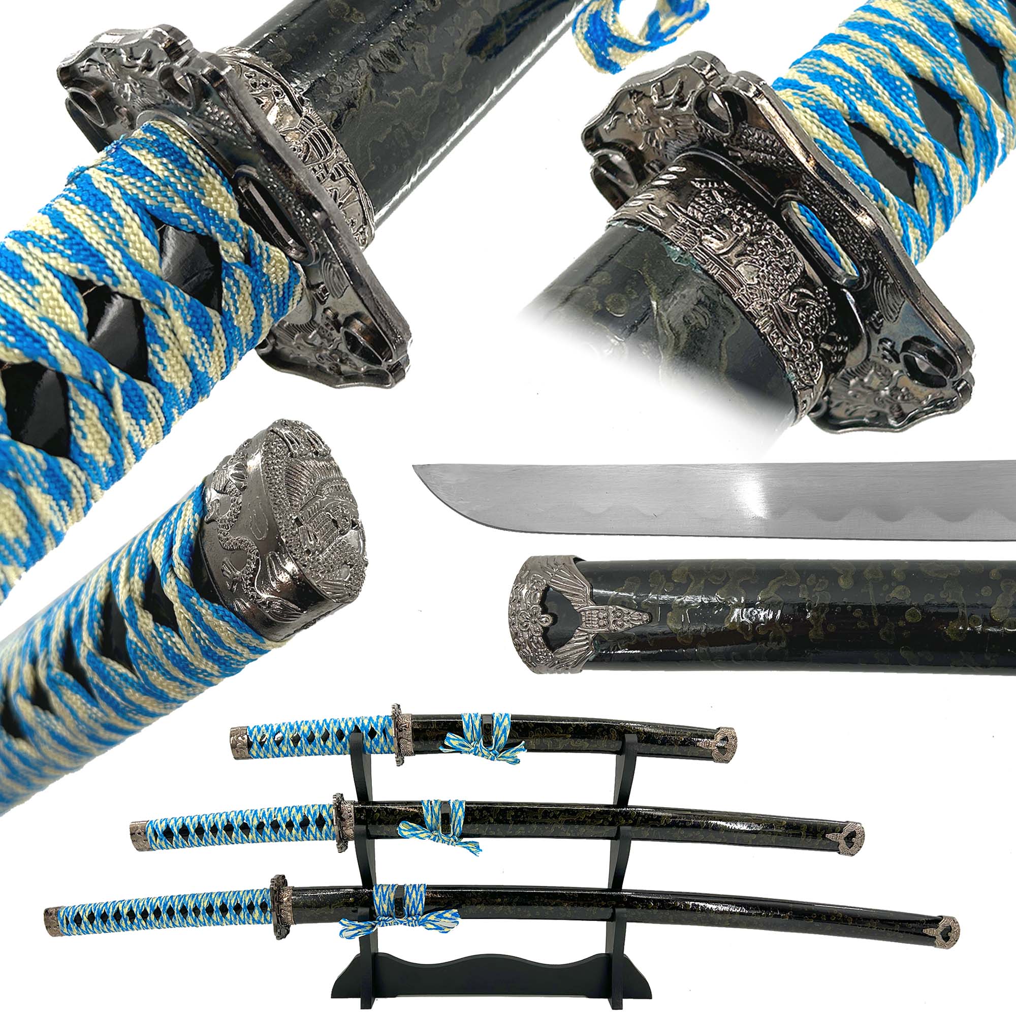 Dragon Edge Three Sword Katana Sword Set With Stand Swords - Tophatter Daily Deals