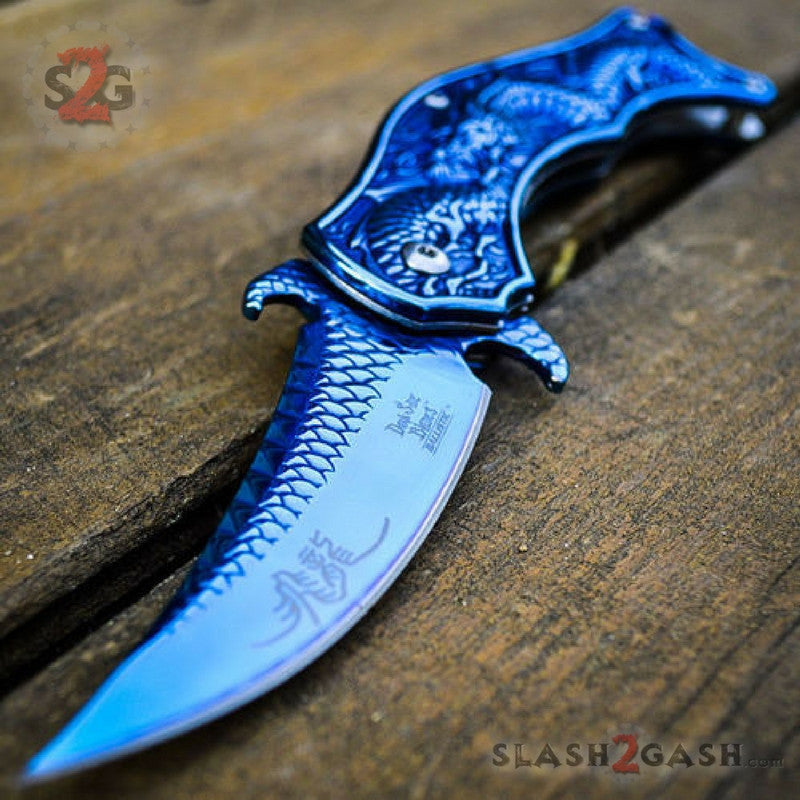 Dragon Blue Mirror Spring Assisted Knife w/ 3D Engraved Scales Dark Side Knife-Assist - Tophatter Daily Deals