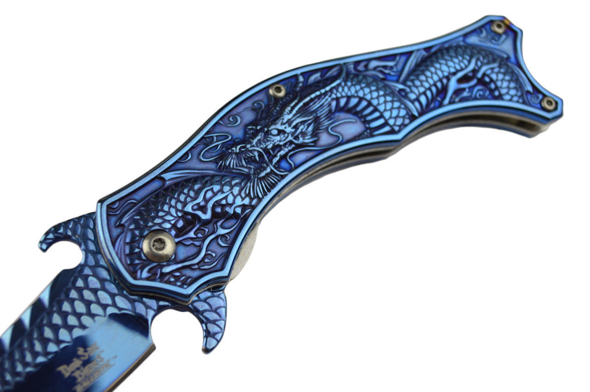 Dragon Blue Mirror Spring Assisted Knife w/ 3D Engraved Scales Dark Side Knife-Assist - Tophatter Daily Deals