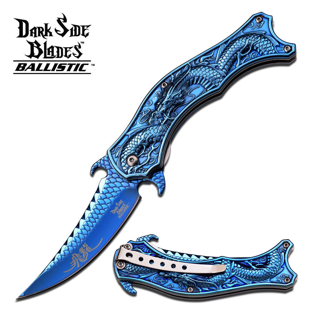 Dragon Blue Mirror Spring Assisted Knife w/ 3D Engraved Scales Dark Side Knife-Assist - Tophatter Daily Deals