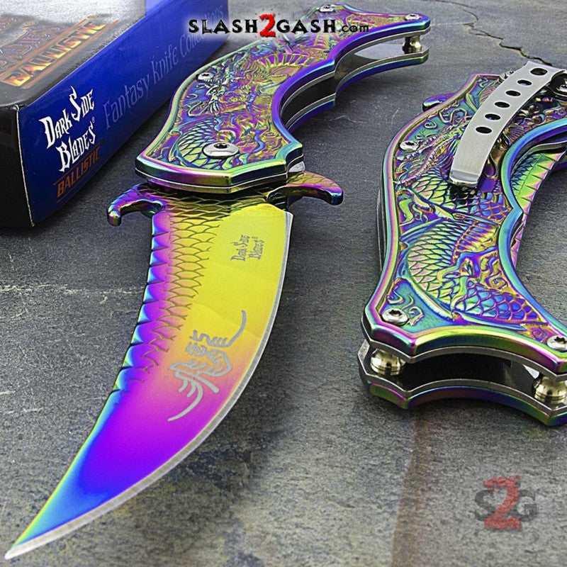 Dragon Titanium Rainbow Spring Assisted Knife 3D Engraved Scales Dark Side Knife-Assist - Tophatter Daily Deals