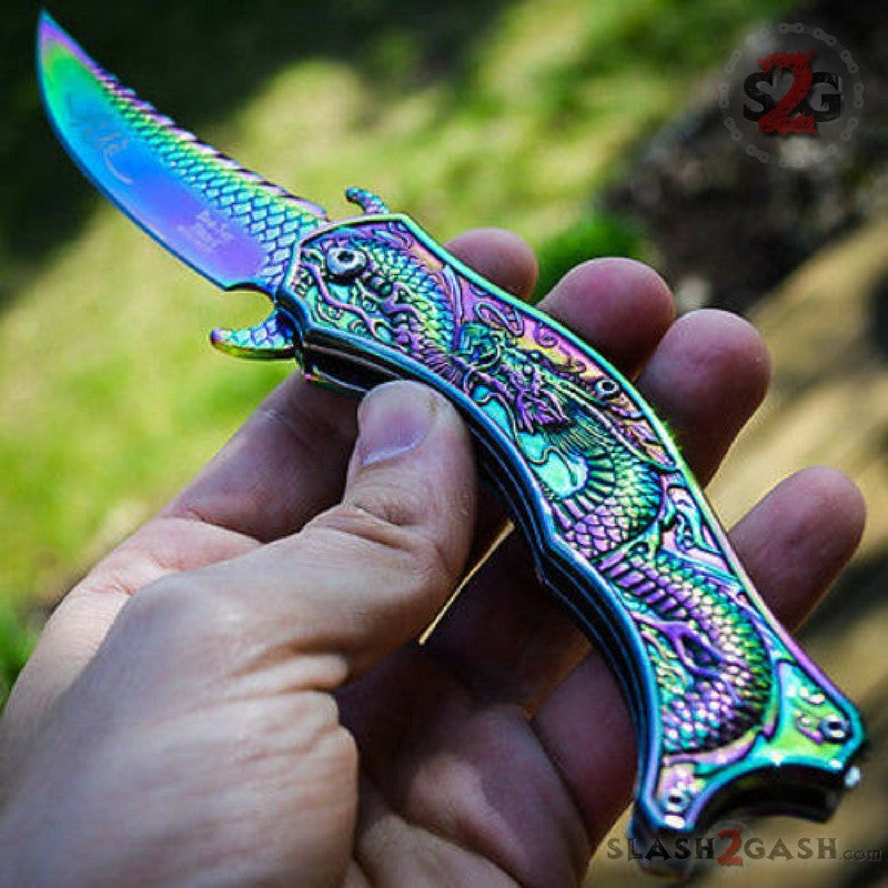 Dragon Titanium Rainbow Spring Assisted Knife 3D Engraved Scales Dark Side Knife-Assist - Tophatter Daily Deals