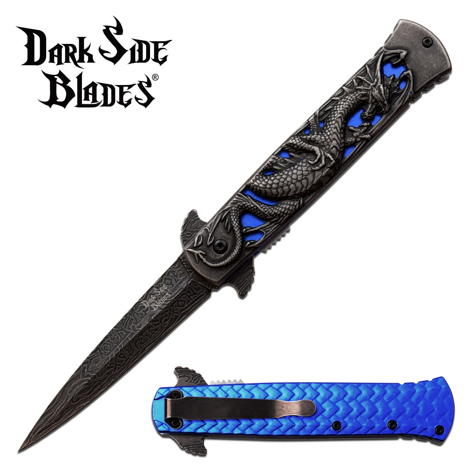 Dragon Pocket Knife Stonewashed Assisted Opening Knife Blue Dragon Collectible Weapons - Tophatter Daily Deals
