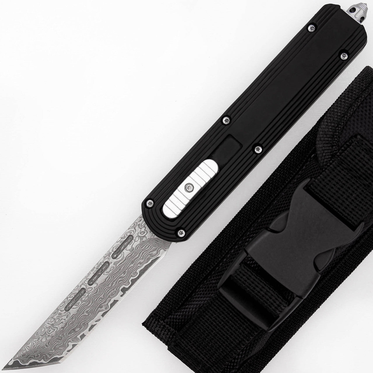 9.5" Damascus Steel Dual Action Automatic Out The Front Pocket Knife - Tophatter's Guns'N'Weapons Store Collectible Weapons - Tophatter Daily Deals