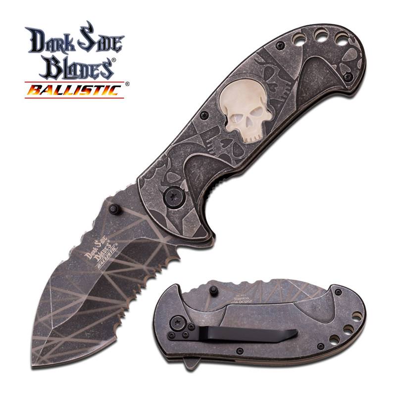 Spring Assisted Folding Pocket Knife Gray Glow-in-Dark Skull Serrated Blade - Tophatter's Guns'N'Weapons Store Collectible Weapons - Tophatter Daily Deals
