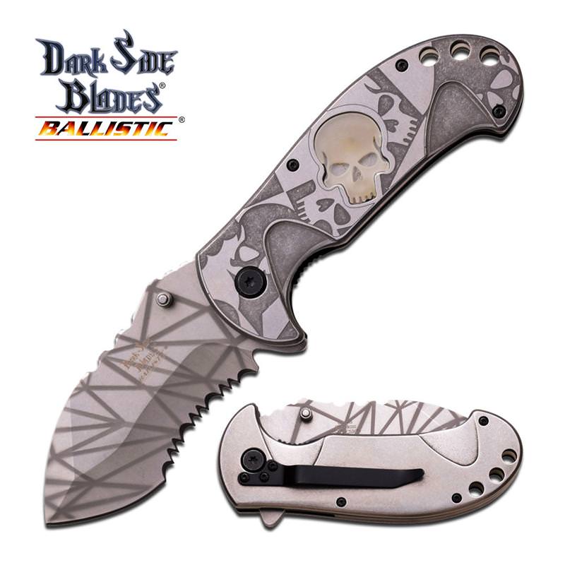 Spring Assisted Folding Knife Gray Stone Glow-in-Dark Skull Serrated Blade - Tophatter's Inc. Weapons Store Online Collectible Weapons - Tophatter Daily Deals