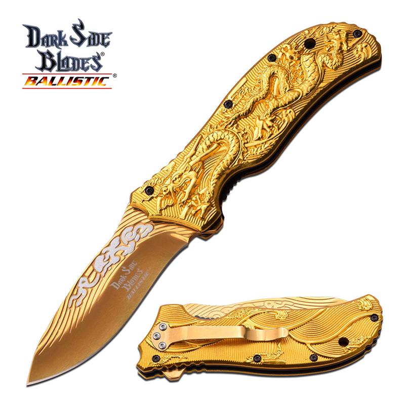 Dark Side Blades 4.75 Inch Gold Dragon Spring Assisted Knife - Tophatter's Army Products & Self Defense Collectible Weapons - Tophatter Daily Deals