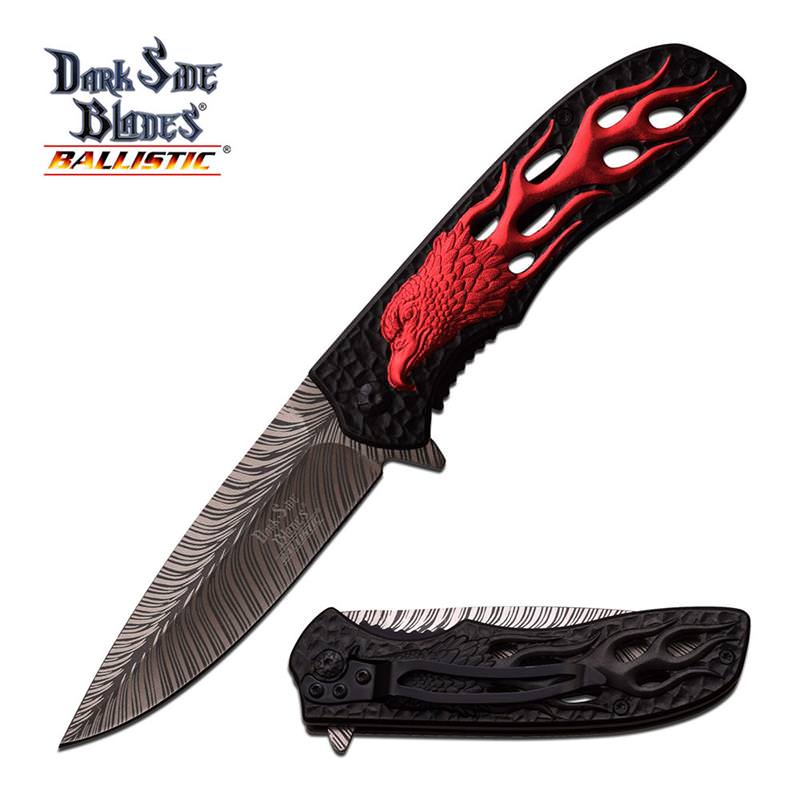 Spring Assisted Knife Red Black Fire Eagle Feather Fantasy Tactical - TOPHATTER'S ARMORY DEALS Collectible Weapons - Tophatter Daily Deals