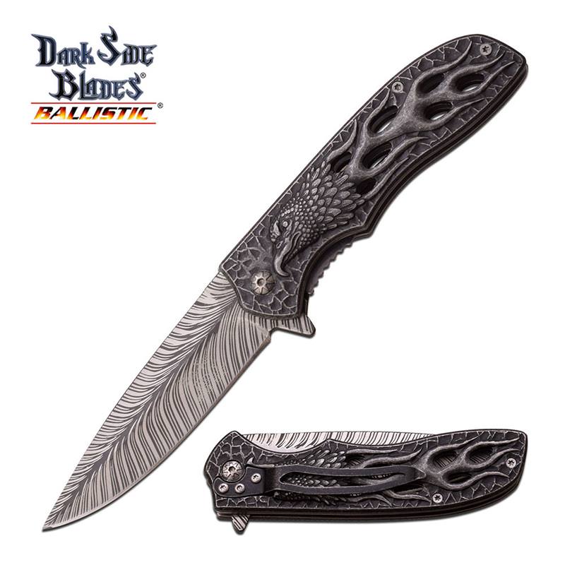 Spring Assisted Knife Gray Flaming Eagle Feather Fantasy Tactical Collectible Weapons - Tophatter Daily Deals
