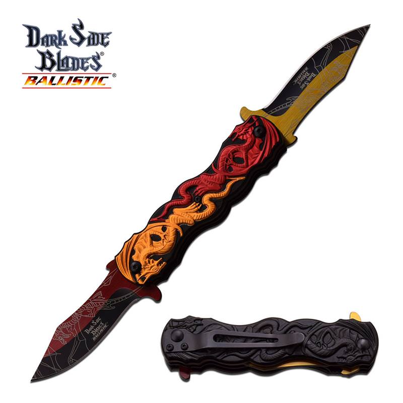 Dual Blade Red Orange Dragon Fantasy Blade Spring Assisted Knife - Tophatter's Army Products & Self Defense Collectible Weapons - Tophatter Daily Deals