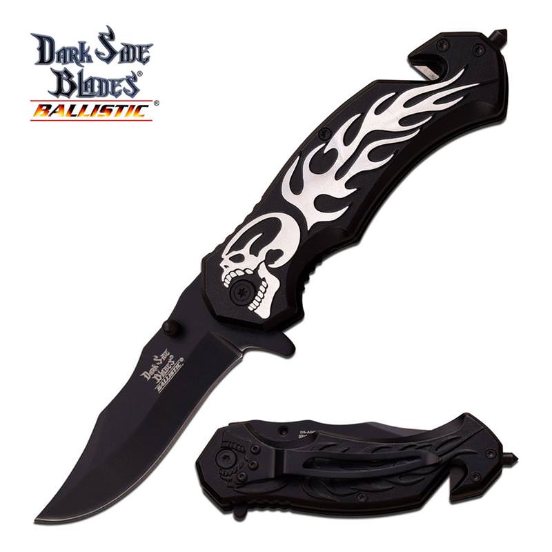 Skull Flame Tactical Hunting Rescue Spring Assist Pocket Knife - Tophatter's Guns'N'Weapons Store Collectible Weapons - Tophatter Daily Deals