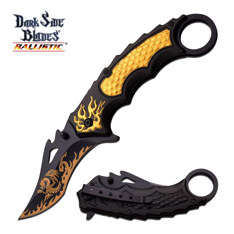 Golden Dragon Flame Tactical Karambit Spring Assist Folding Knife - Tophatter's Guns'N'Weapons Store Collectible Weapons - Tophatter Daily Deals