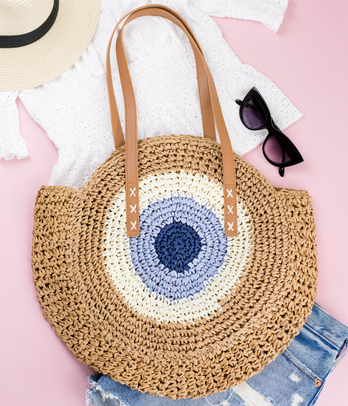 Straw Circle Tote Khaki Blue Handbags & Wallets - Tophatter Daily Deals