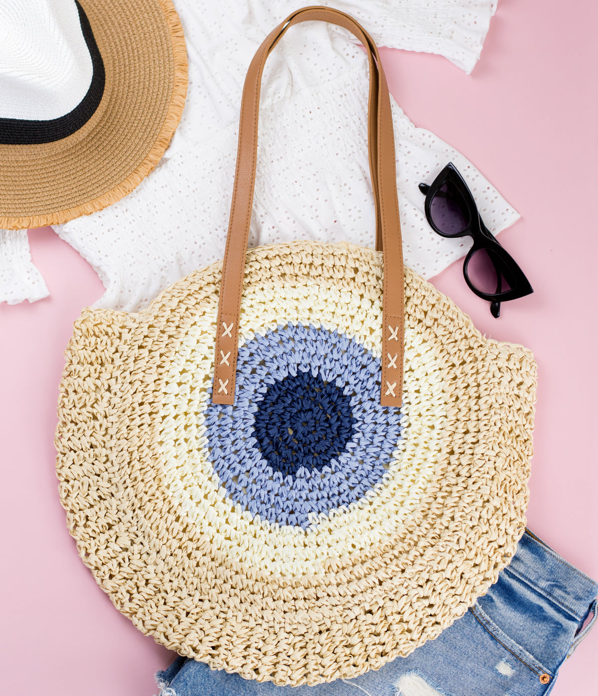 Straw Circle Tote Straw Blue Handbags & Wallets - Tophatter Daily Deals