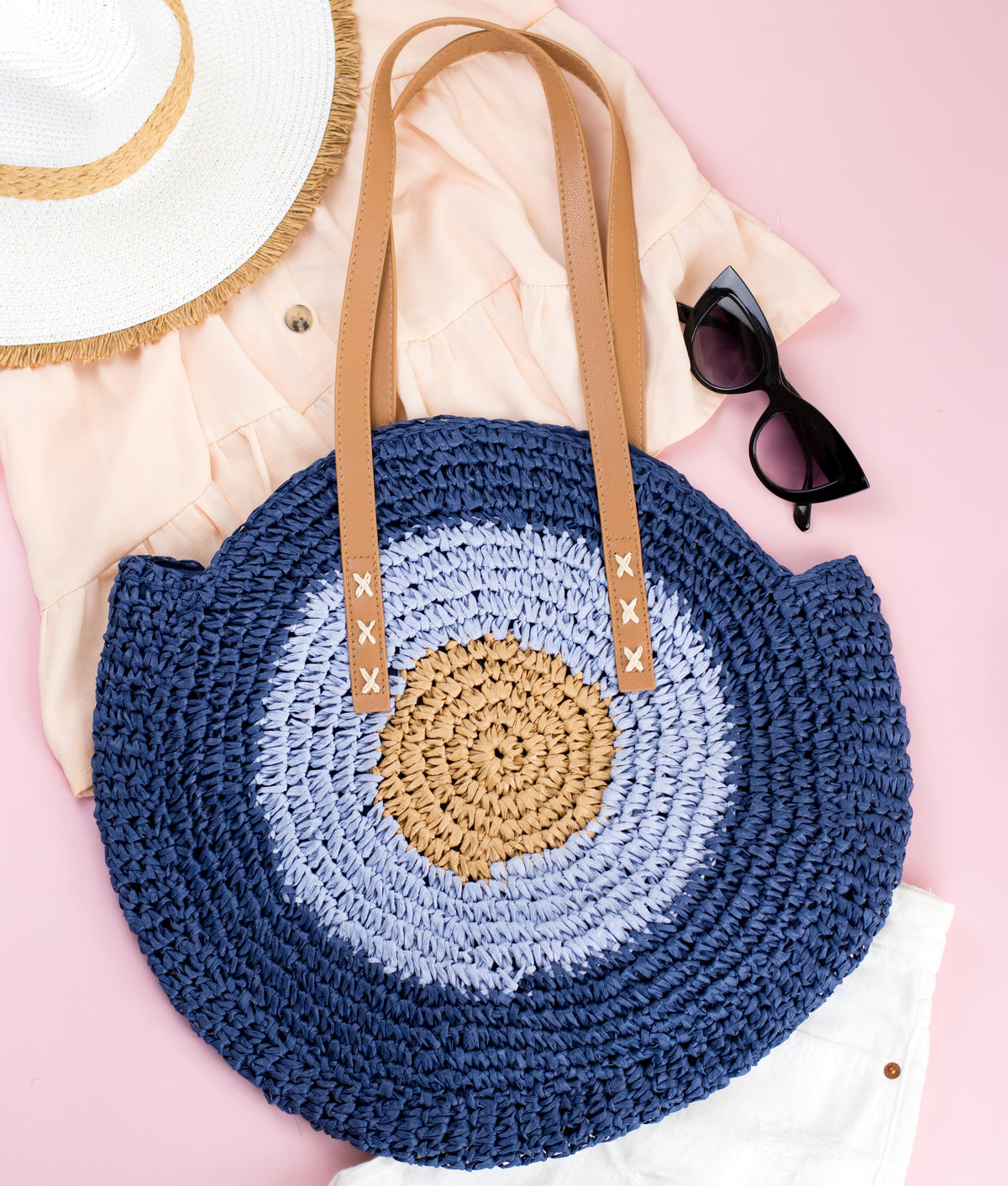 Straw Circle Tote Navy Handbags & Wallets - Tophatter Daily Deals