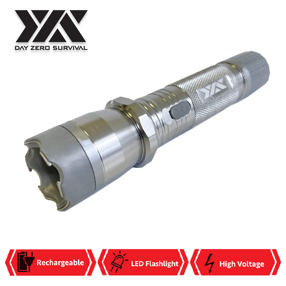 DZS Silver Metal Stun Gun 10 Million Volt Rechargeable with Flashlight - TOPHATTER'S ARMORY DEALS Collectible Weapons - Tophatter Daily Deals