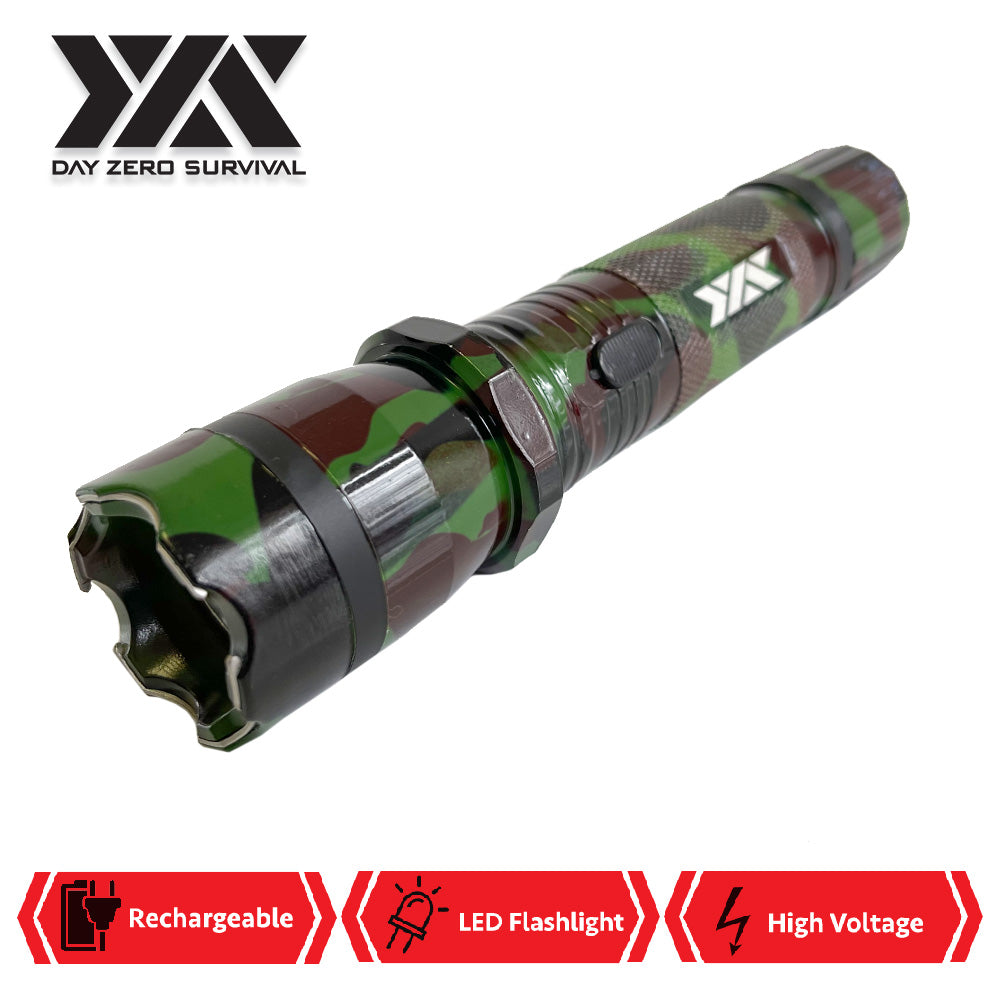 DZS Green Camo Metal Stun Gun 10 Million Volt Rechargeable with Flashlight - TOPHATTER'S ARMORY DEALS Collectible Weapons - Tophatter Daily Deals