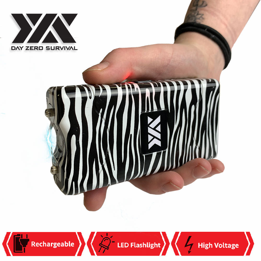 DZS 10 Million Volt Self Defense Zebra Print Stun Gun Rechargeable LED FlashLight Collectible Weapons - Tophatter Daily Deals