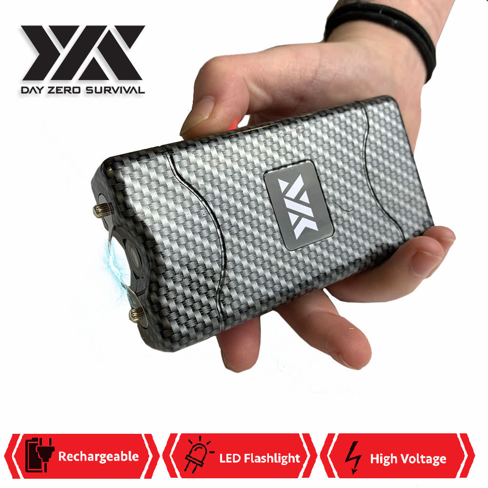 DZS 10 Million Volt Self Defense Carbon Fiber Stun Gun Rechargeable LED FlashLight Collectible Weapons - Tophatter Daily Deals