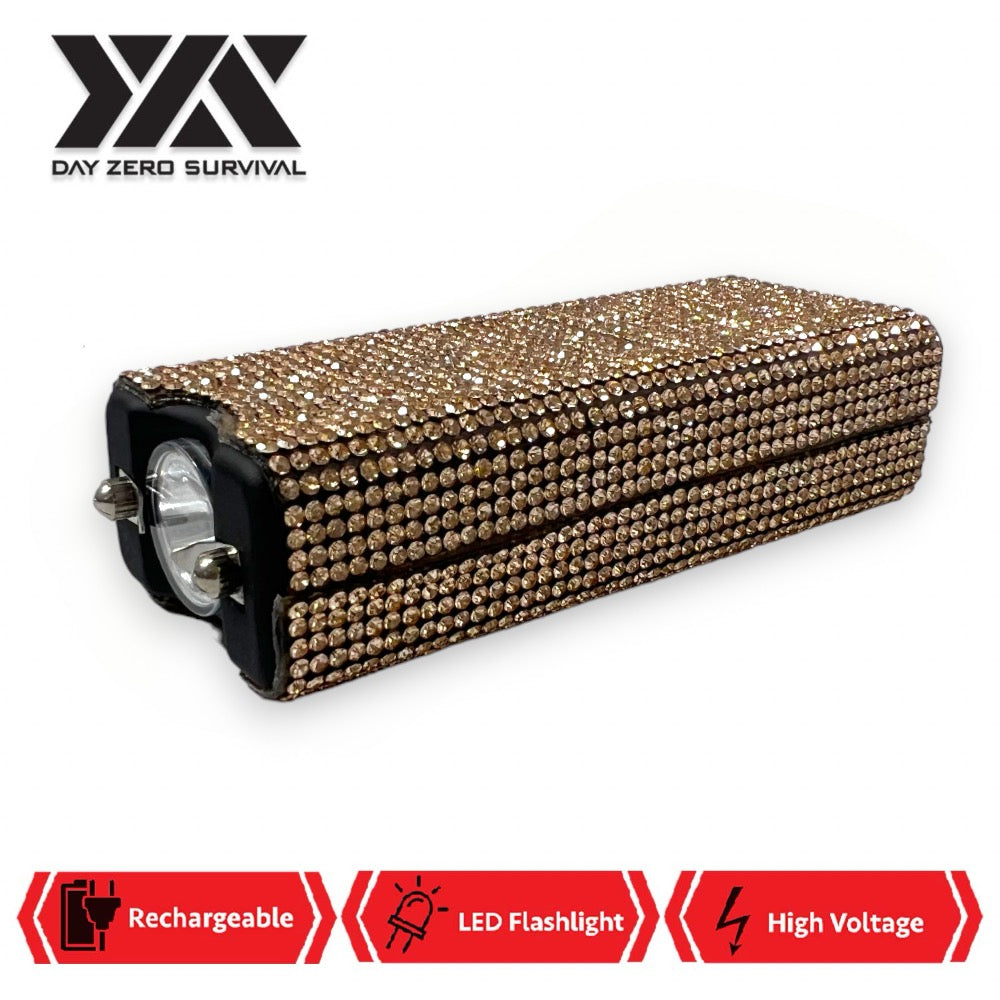 Golden Rhinestone DZS Rechargeable Self Defense Mini Bling Stun Gun - Tophatter's Guns'N'Weapons Store Collectible Weapons - Tophatter Daily Deals