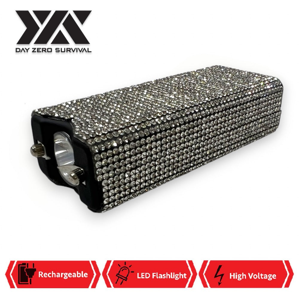Silver Rhinestone DZS Rechargeable Self Defense Mini Bling Stun Gun Collectible Weapons - Tophatter Daily Deals