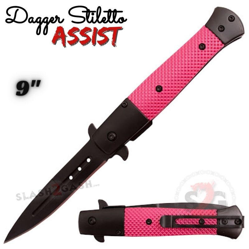 Dagger Stiletto Assist Knife Italian Style 9" - Black w/ Pink Diamondgrip Black w Pink Diamondgrip Knife-Assist - Tophatter Daily Deals