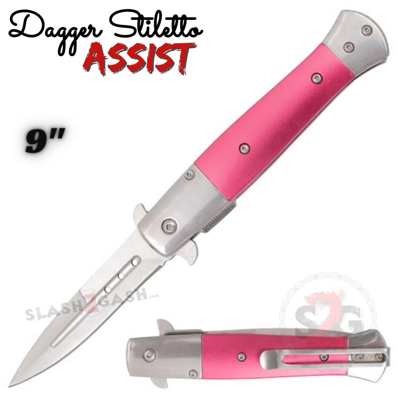 Dagger Stiletto Assist Knife Italian Style 9" - Silver w/ Pink Silver w Pink Knife-Assist - Tophatter Daily Deals