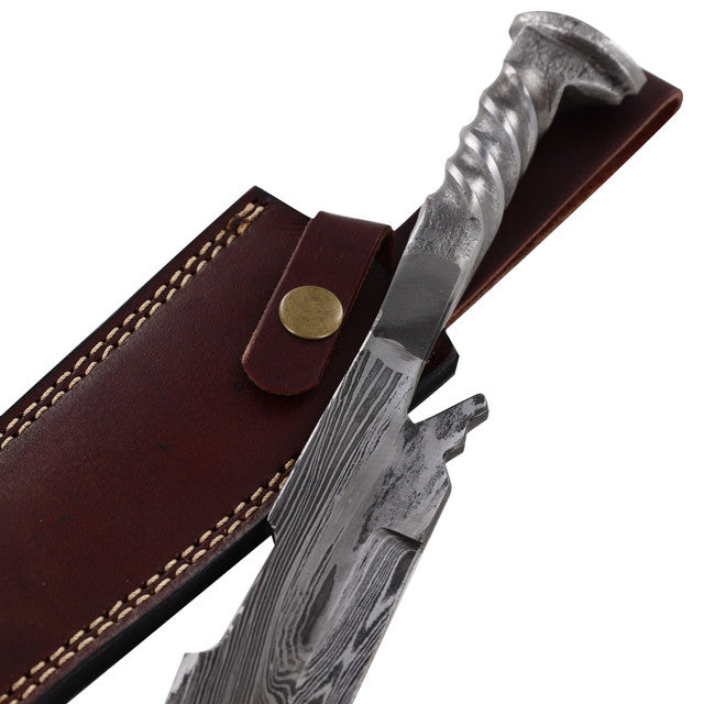 Damascus Steel Collectable Railroad Spike Knife with Leather Sheath Knives - Tophatter Daily Deals