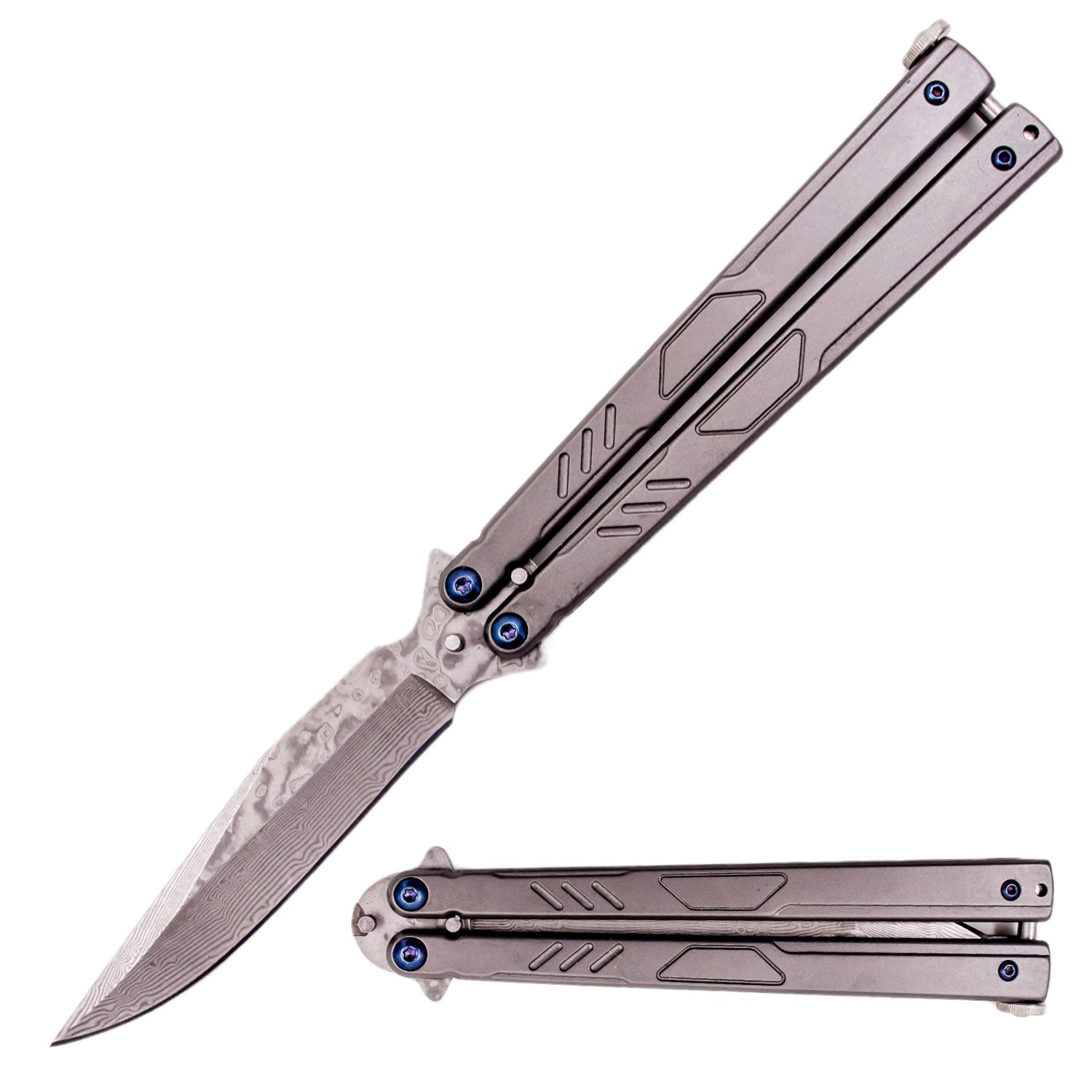 Damascus Butterfly Knife Gun Metal Balisong w/ Ball Bearings - Bowie Knife-Balisong - Tophatter Daily Deals