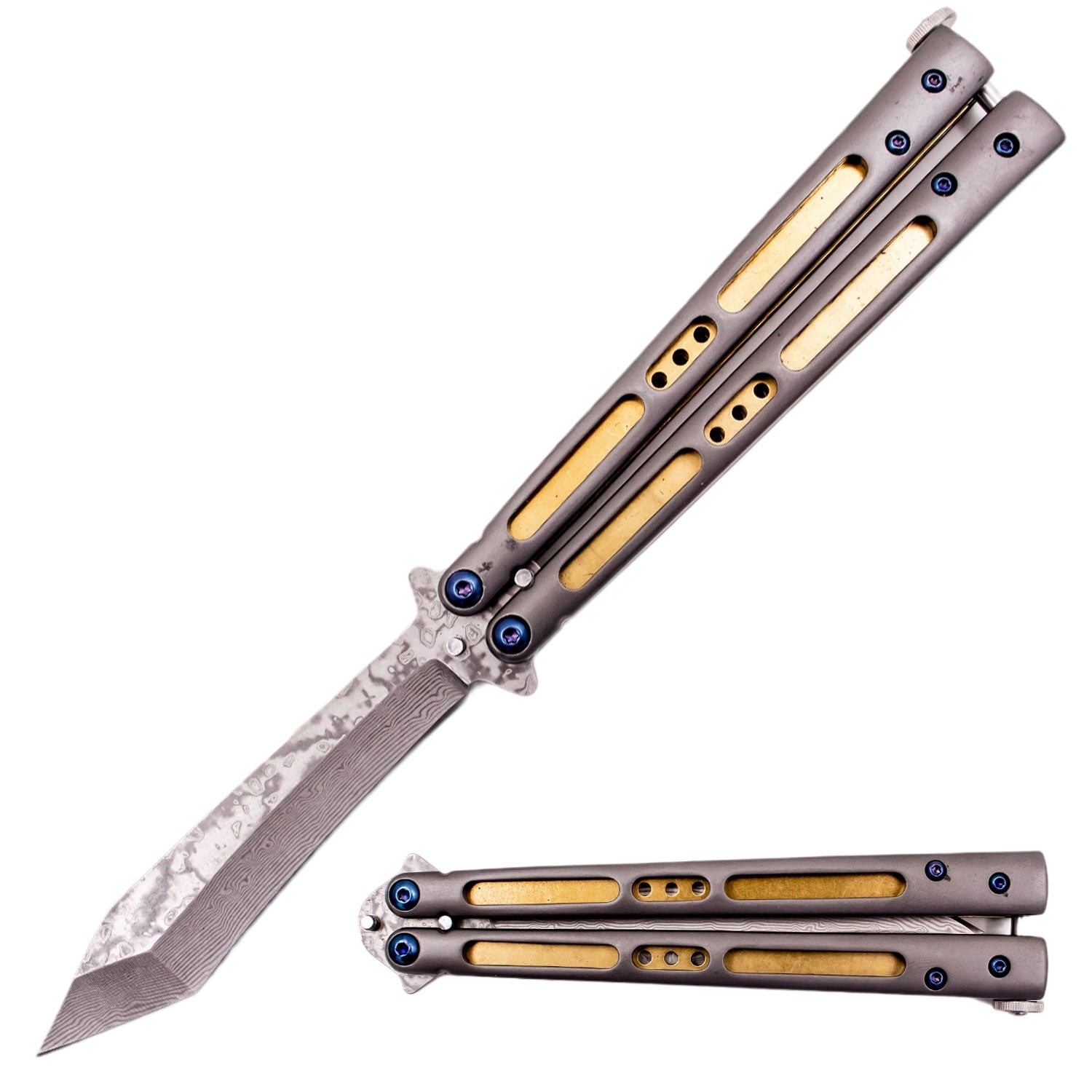 Damascus Butterfly Knife Real Brass Liners Balisong w/ Bearings - Tanto Knife-Balisong - Tophatter Daily Deals