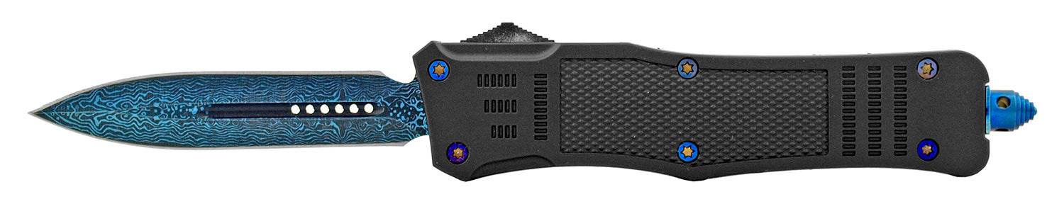 Damascus Etched Commando OTF Knife D/A Auto Switchblade - Asst. Blue - Double Edge Knife-OTF - Tophatter Daily Deals