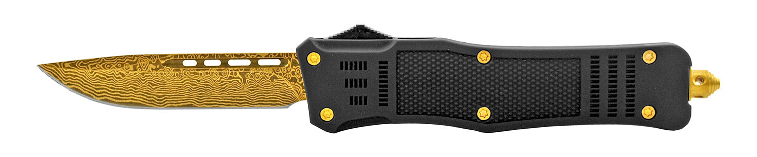 Damascus Etched Commando OTF Knife D/A Auto Switchblade - Asst. Gold - Single Edge Knife-OTF - Tophatter Daily Deals