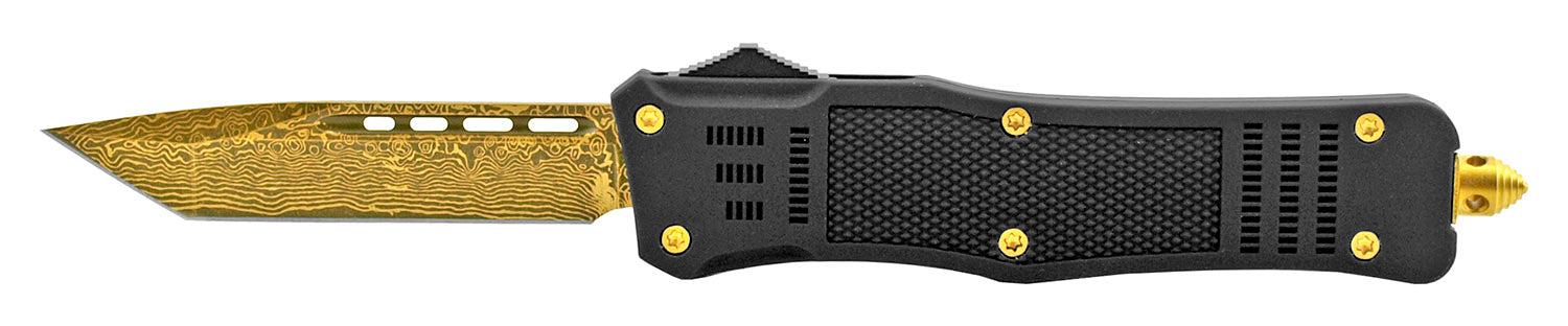 Damascus Etched Commando OTF Knife D/A Auto Switchblade - Asst. Gold - Tanto Knife-OTF - Tophatter Daily Deals