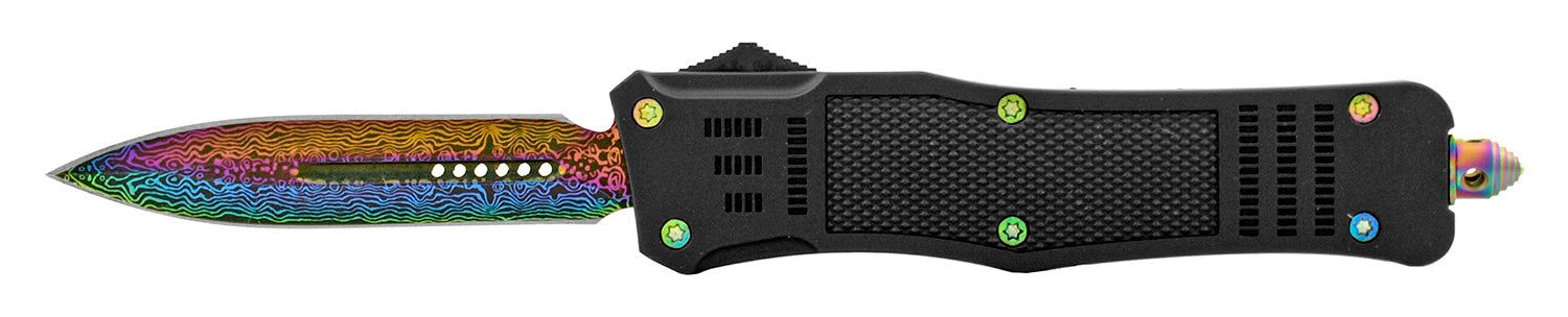 Damascus Etched Commando OTF Knife D/A Auto Switchblade - Asst. Rainbow - Double Edge Knife-OTF - Tophatter Daily Deals