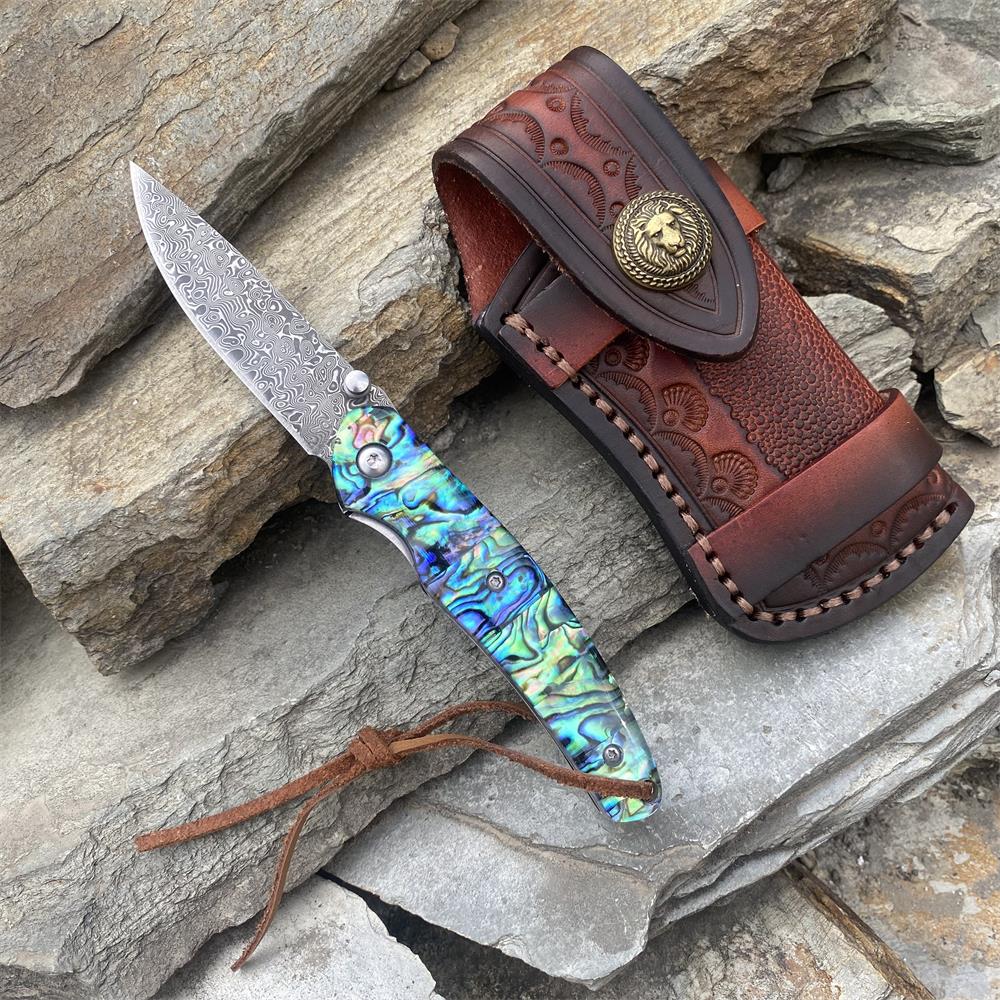 Damascus Knife Handmade Colored Folding Knife Knife & Case B - Tophatter Daily Deals