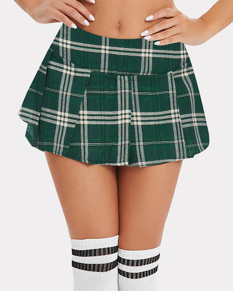 Solid Color Mini Pleated Skirts Dark Green Plaid Lingeries-mini skirts - Tophatter Daily Deals