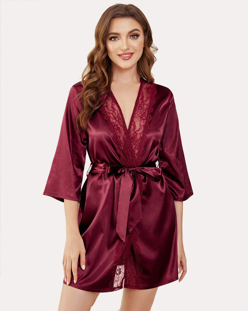 Kimono Satin Short Silky Robes (DE Only) Dark Red Sleepwears-Robes - Tophatter Daily Deals