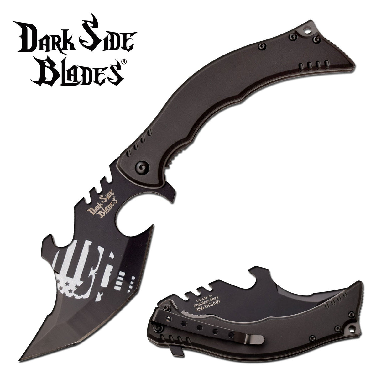 Dark Side Blades Fantasy Skull U.S. Flag Design Acid Etched Cool Knife Tophatter's Spring Assisted Knives Dark Side Blades Fantasy Skull U.S. Flag Design Acid Etched Cool Knife (DS-A087GY) - Tophatter Daily Deals